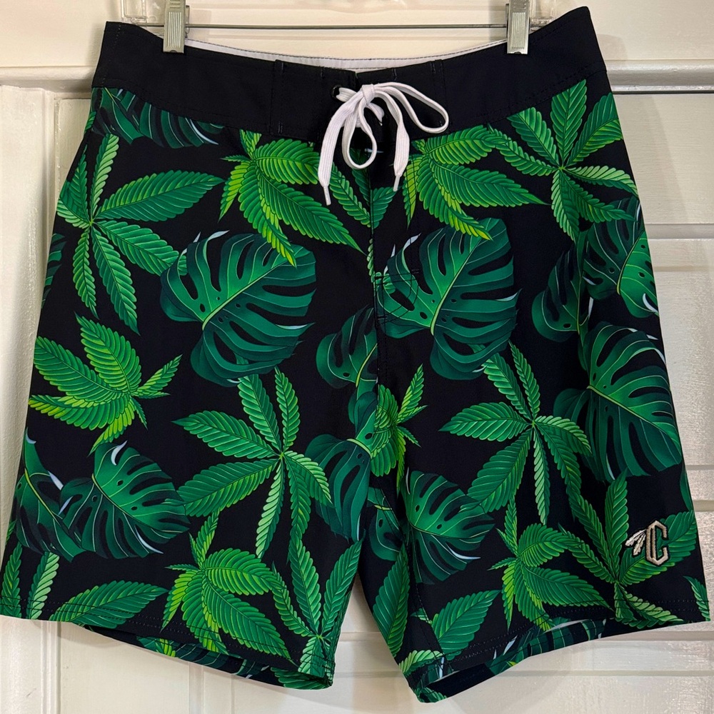 Monstera & Cannabis leaf print board shorts, NWT